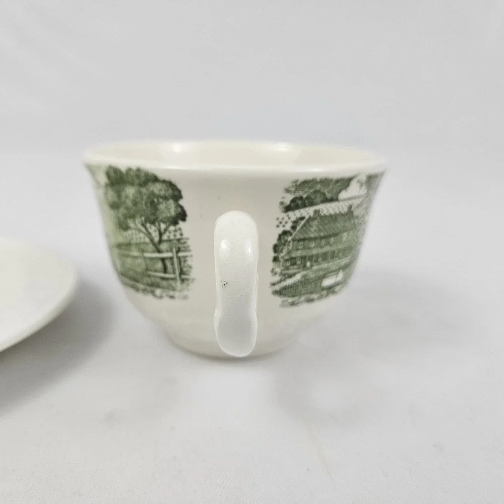Homer Laughlin Teacup & Saucer Set Farm Scene Vintage Pastoral Green